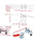Diagram of Beefy Heavy Duty Toggle Clamp With 500 Lb Holding Capacity, dimensions, quick release, anti slip rubber tips