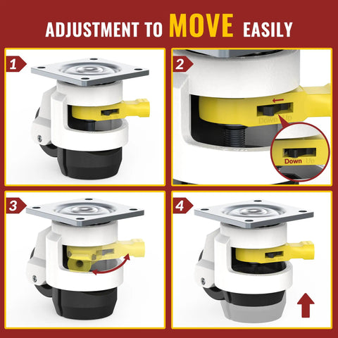 Heavy Duty Retractable Leveling Casters With Smooth Ratchet Handle Adjustment Rock Solid Industrial Build supports easy adjustment for moving.