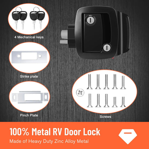Rugged RV Entry Door Lock With Paddle Deadbolt 100 Percent Metal Camper Door Latch Handle Zinc Alloy RV Door Lock Replacement Kit For Travel Trailers And Cargo Haulers Black Finish Not Key Alike with keys and mounting hardware