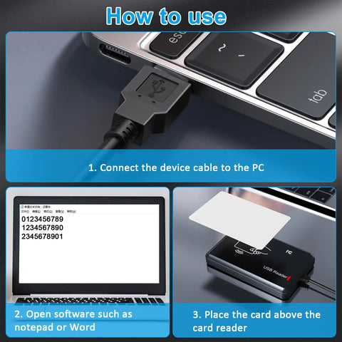 Setup process for Dual Frequency RFID Reader 125KHz And 13.56MHz Scanner Reads 1326 Family Proximity Cards, showing USB connection.