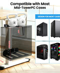 No Sweat Under Desk PC Tower Mount With Quick Clamp On Install Rock Solid Adjustable Computer Stand holds up to sixty pounds, featuring mid-tower compatibility.