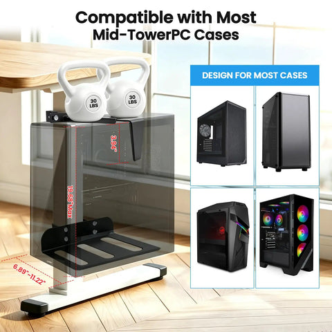 No Sweat Under Desk PC Tower Mount With Quick Clamp On Install Rock Solid Adjustable Computer Stand holds up to sixty pounds, featuring mid-tower compatibility.