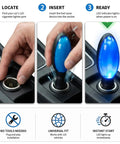Gas Saver And Fuel Sync Device For Cars And Trucks Enhance Fuel Economy And Throttle Response Easy Plug In Automotive Fuel Saver For All Vehicles Save More Gas Per Tank With This Practical Fuel Efficiency Upgrade being installed into vehicle's 12V port with LED indicator light.