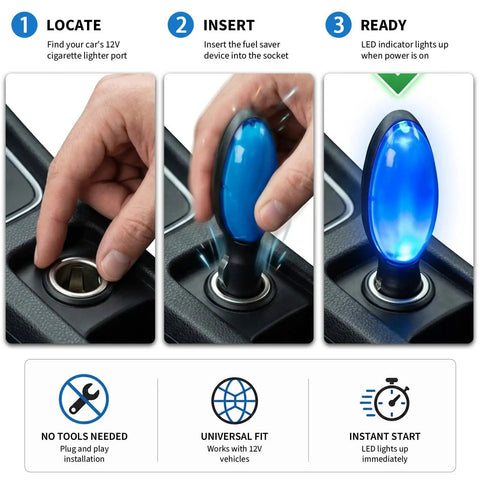 Gas Saver And Fuel Sync Device For Cars And Trucks Enhance Fuel Economy And Throttle Response Easy Plug In Automotive Fuel Saver For All Vehicles Save More Gas Per Tank With This Practical Fuel Efficiency Upgrade being installed into vehicle's 12V port with LED indicator light.