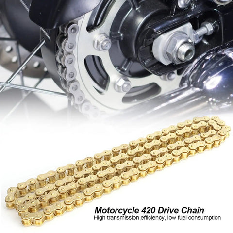 Heavy Duty 48 Link 420 Drive Chain For Off Road Motorcycles, Rugged Engine Chain For Rough Terrain shown with bike sprocket