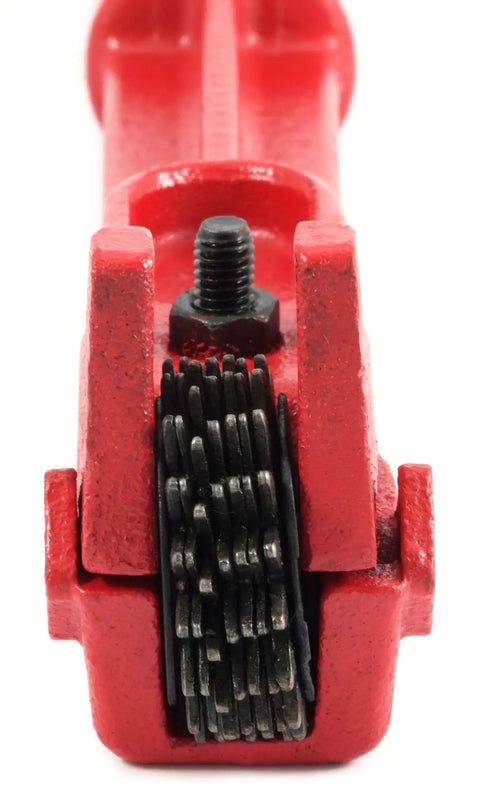 Close-up of Pro Grade Bench Grinding Wheel Dresser 10-1/2 Inch with heat treated carbon steel cutters in red casing