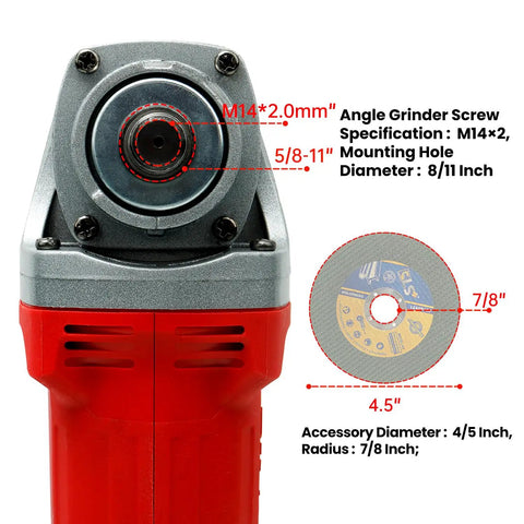Close-up of cordless 20V angle grinder head with dimensions, compatible with Makita 18V battery, 4-1/2 inch disc size.
