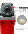 Close-up of Beast Brushless Cordless Angle Grinder with 21V Battery, showing screw specifications and disc size details.