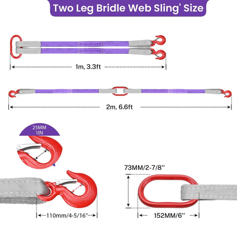 Two‑leg lifting sling with red hooks, purple polyester bridle strap, 3.3 ft and 6.6 ft lengths