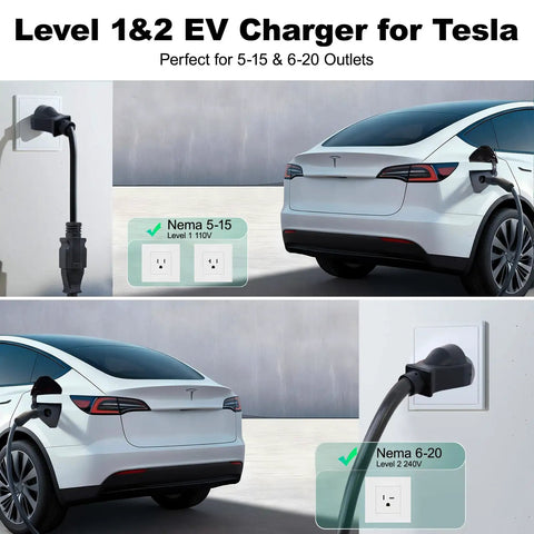 Tesla Level 1 2 Portable EV Charger With 20Foot Cable 3.5kW Home Charging Station for Models S X 3 Y in use with NEMA plugs