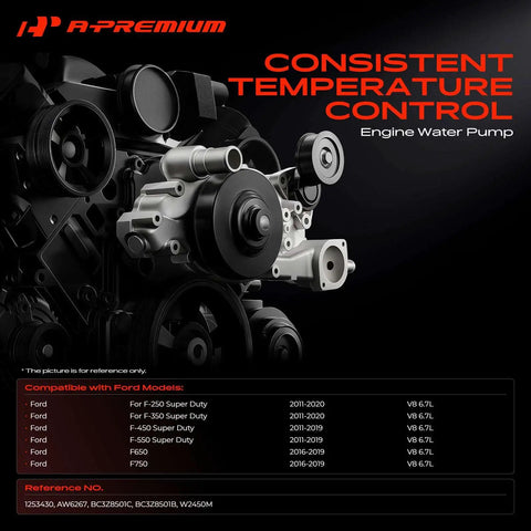 Engine Water Pump Replacement For 6.7L V8 Diesel Ford F250 F350 F450 Super Duty Assembly, showing aluminum details and mounts.