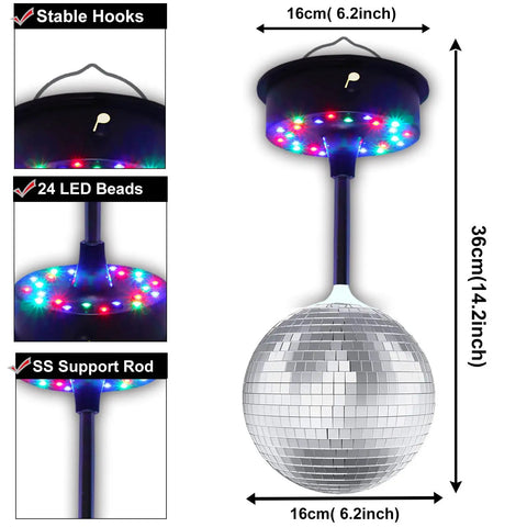 Six Inch Rotating Mirrors Disco Ball Light With Adjustable Five To Nine RPM Motor Base 24 RGB LED Mood Lights USB Or Battery