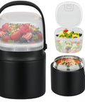 Keep It Sizzling Hot Soup Thermos With Secure Split Snack Cup Grab And Go Leak Free Insulated Lunch Jar For Kids And Adults Stainless Steel Double Wall Vacuum Food Container With Spoon Black showing fruit and soup.