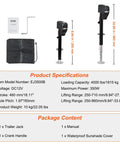 Product specifications and components of Electric Trailer Jack With 4000 Lbs Capacity And 9.84 To 33.85 Inch Adjustable Lift Waterproof Cover
