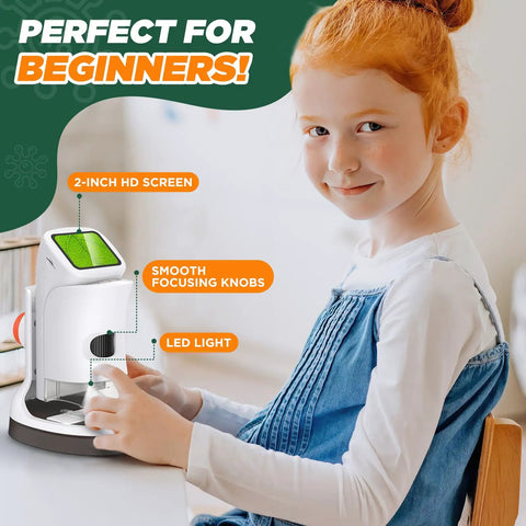 Kids 1000X Digital Microscope With Screen For Ages 5 To 12 Handy Pocket Microscope Portable Rechargeable STEM Science Kit Awesome Educational Toy Gift For Boys And Girls 1080P Display For Indoor And Outdoor Explorations, white handheld unit with 2-inch screen