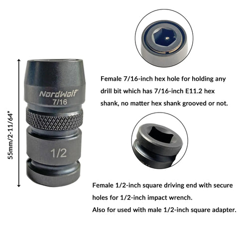 Impact Wrench Adapter One Half Inch Square Drive To Seven Sixteenth Inch Hex Female Quick Change Converter product image