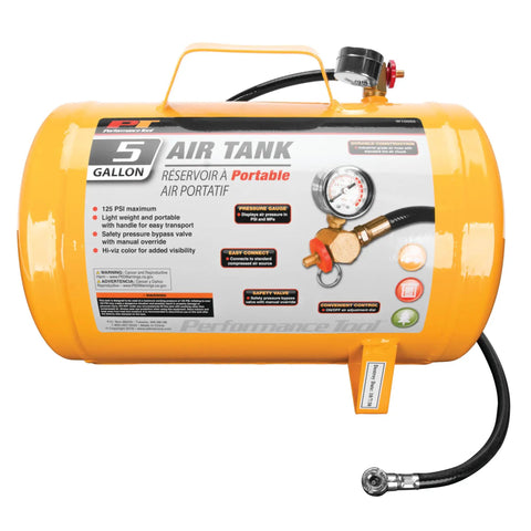 Hi Viz 5 Gallon Horizontal Portable Air Tank With Tire Chuck And Gauge, lightweight industrial grade canister, 125 PSI max