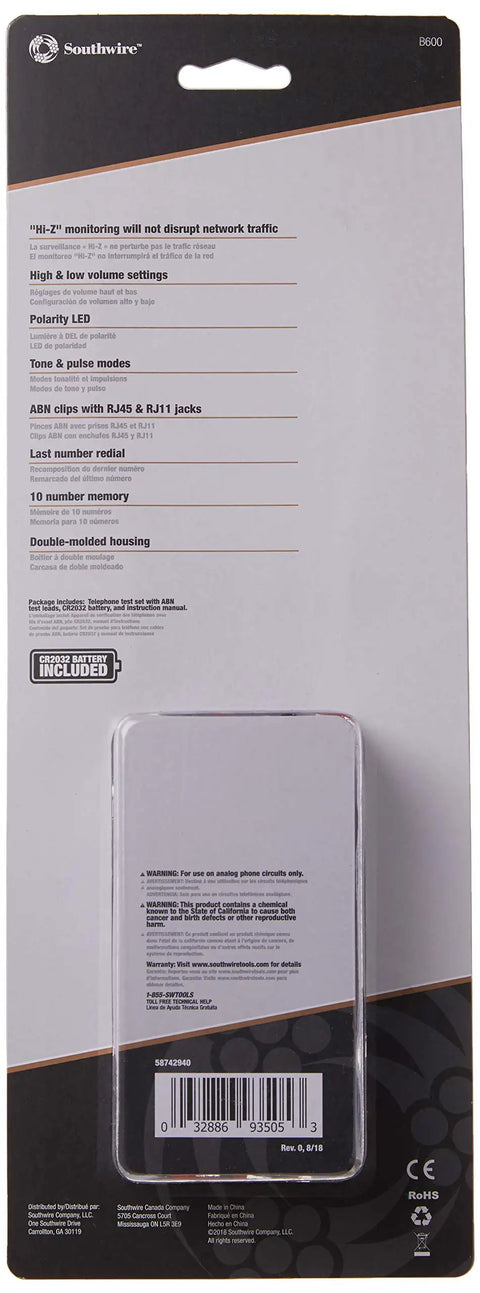Back packaging of Contractor Telephone Test Kit With Hi-Z Monitoring That Wont Disrupt Net Adjustable Volume Polarity LED Tone And Pulse Modes