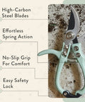 Lightweight Hand Pruners And Pruning Shears With Easy Lock For Garden Gear Yard Work Bypass Carbon Steel Blade Rust Resistant Garden Tools With Reusable Holster Sage with labeled features