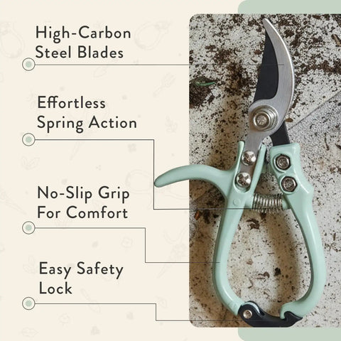 Lightweight Hand Pruners And Pruning Shears With Easy Lock For Garden Gear Yard Work Bypass Carbon Steel Blade Rust Resistant Garden Tools With Reusable Holster Sage with labeled features