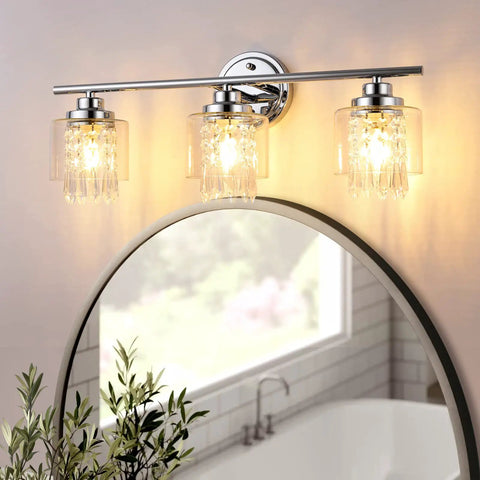 Lit Three Light Crystal Vanity Light Fixture For Bathroom Hallway And Bedroom with clear glass shades above a mirror