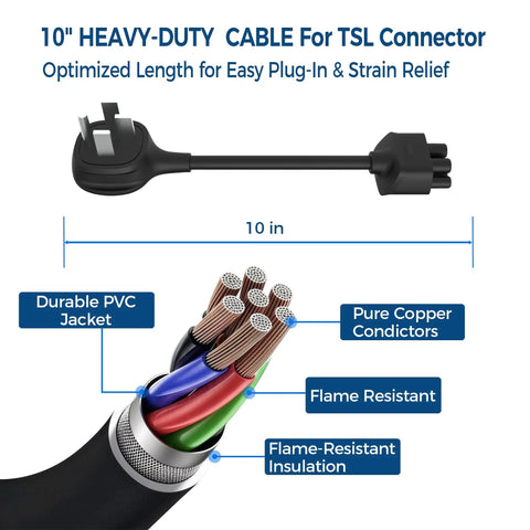 10 inch Premium Nema 14-50 Adapter For Tesla Gen 2 And Gen 3 Mobile Connector with heavy-duty PVC cable and pure copper conductors.