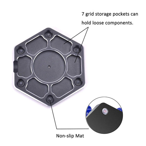 Bottom view of soldering station base, showing 7 grid storage pockets and non-slip mat, part of Soldering Station With Six Flexible Helping Hands Arms For DIY Soldering And Electronics Assembly Repair Modeling And Hobby Projects With 360 Degree Rotating Alligator Clips And Stable Support.