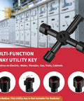 Multi-function 4-way utility key with tips for electric, water, elevator, gas, train, cabinets in industrial setting
