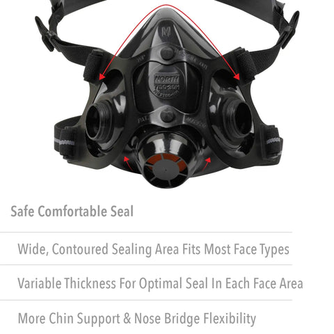 NIOSH-Approved Half Mask Silicone Respirator Small with snug contoured seal and adjustable cradle suspension straps front view