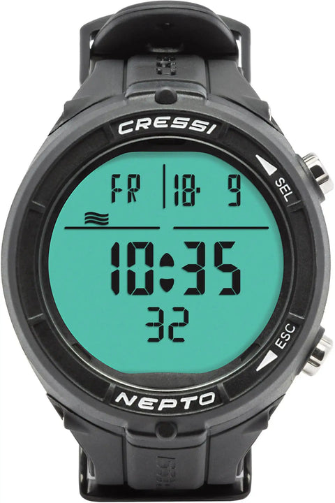 Nepto Freediving Watch Computer with ultra compact 48mm case, 35mm high contrast display showing time and date.