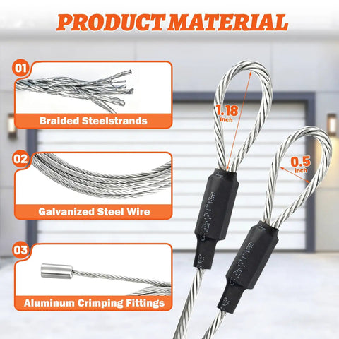Diagram showing heavy duty galvanized steel garage door cables 13 ft 6 in 2 pack for 7 ft doors replacement kit materials.