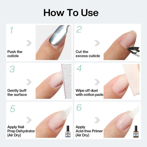 How to use Gel Nail Primer And Dehydrator Kit For Gel Polish Prep, step-by-step application guide shown on fingernails.