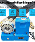 Portable Electric Hydraulic Hose Crimper Machine With 8 Heavy Duty Die Sets 110V Corded Power and Slick Micrometer Dial for Secure 6 To 28 Mm Tube Seals Tight Fits Every Time. Side view of crimper with steel jaws.