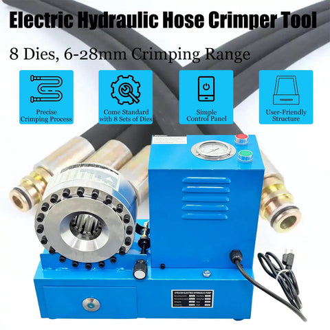 Portable Electric Hydraulic Hose Crimper Machine With 8 Heavy Duty Die Sets 110V Corded Power and Slick Micrometer Dial for Secure 6 To 28 Mm Tube Seals Tight Fits Every Time. Side view of crimper with steel jaws.