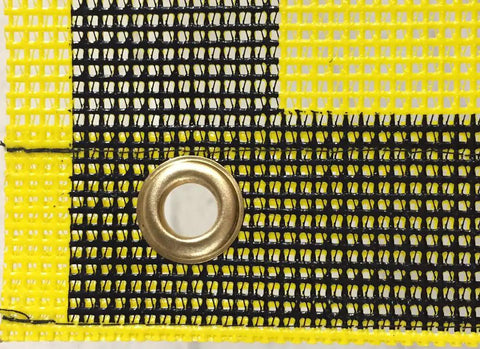 Close-up of Two Pack 18x84 Oversize Load Sign for Trucks with Bungee Cord and Hook, featuring yellow and black mesh with grommet.