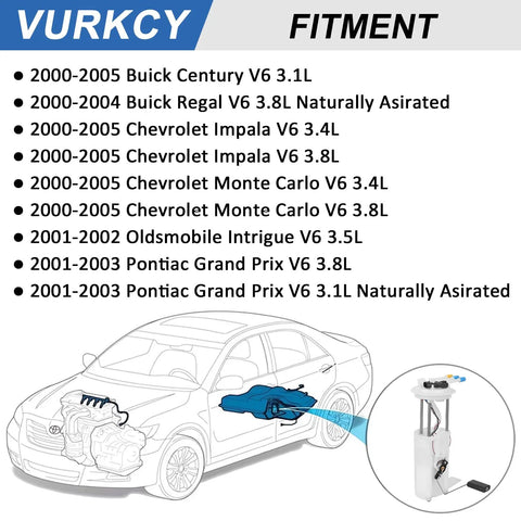 Diagram showing installation of Electric Fuel Pump Assembly With Pressure Sensor for Chevy Impala 2000 to 2005 and others.