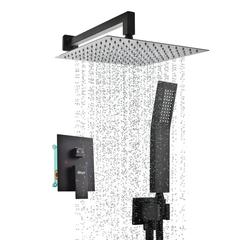 Matte Black Shower System With 12 Inch Rain Head And Handheld Spray Bathroom Shower Fixtures Combo With Brass Valve And Trim Kit
