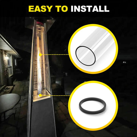 Beefed Up Replacement Quartz Glass Tube With Rubber Ring For Four Sided Pyramid Patio Heaters 49.5 Inch Tall And 4 Inch Diameter Fits 87 Inch Four Sided Pyramid Outdoor Heaters Durable Glass Tube Accessory For Outdoor Heaters, shown with rubber ring and installed on heater