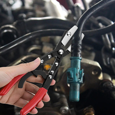 Automatic Locking Ratcheting Hose Pinch Off Pliers 10 Inch Heavy Duty Swivel Jaw Clamp in use on automotive hose
