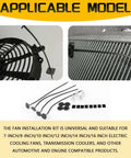 Heavy Duty Electric Cooler Tie Down Kit Street Ready Radiator Fan Zip Ties, showcasing fan mount details and installation accessories.