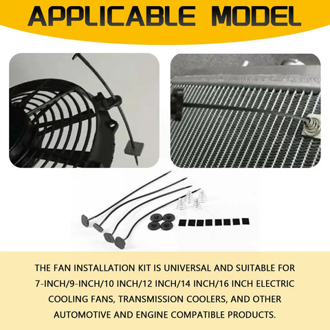 Heavy Duty Electric Cooler Tie Down Kit Street Ready Radiator Fan Zip Ties, showcasing fan mount details and installation accessories.