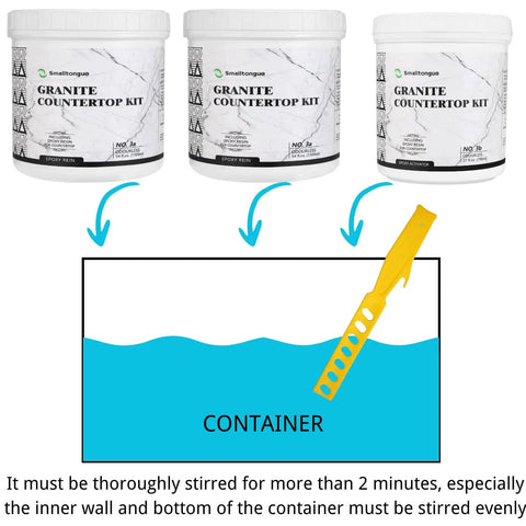 Diagram of Three Step DIY Friendly Countertop Makeover Kit With White Marble Finish Epoxy Resin Topcoat jars being mixed in container