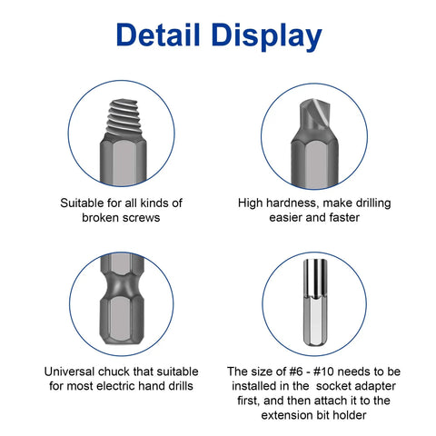 Detail display of Damaged Screw Extractor Set 22 PC Stripped Kit For Broken Bolts And Screws HSS Remover Tool extension bits and chucks.