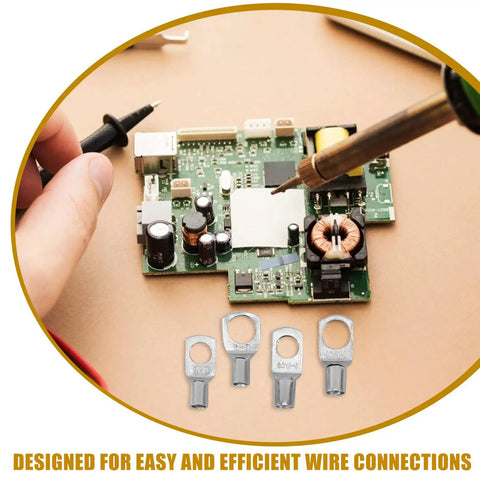 Secure Battery Terminal Connectors Kit With Tinned Copper Wire Lugs And Polyolefin Heat Shrink Tubing For Reliable Automotive and Diy Electrical Connections That Hold Tight Without Failing, assorted ring lugs on PCB