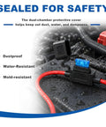 Rig Ready And Street Trusted Four Pack Inline Fuse Holder Kit With 12AWG Harness Featuring 35 Standard Blade Fuses Rated 5A To 40A, waterproof holder with red wires.
