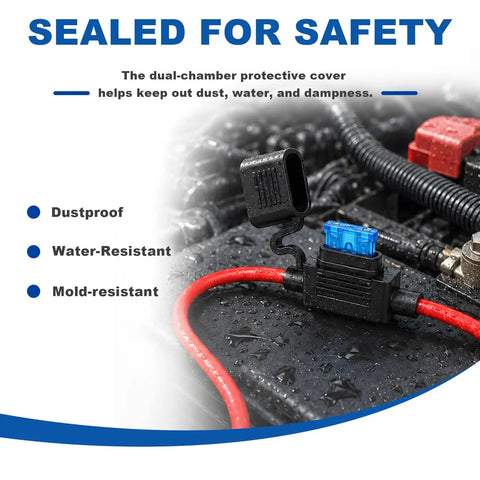 Rig Ready And Street Trusted Four Pack Inline Fuse Holder Kit With 12AWG Harness Featuring 35 Standard Blade Fuses Rated 5A To 40A, waterproof holder with red wires.
