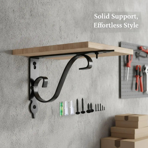 Side view of Floating Shelf Bracket For Kitchen And Living Room With Screws, Wrought Iron Wall Mount in Black on wall with tools.