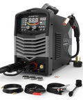 Sunstac 180A MIG Welder with Synergic LCD Control, 220V, cables, connectors, and accessories for steel work.