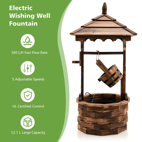 Rustic Wishing Well Outdoor Fountain With Electric Pump, freestanding wooden water feature for backyard patio with bucket.