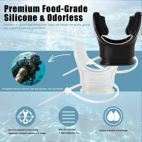 Four Pack Soft Silicone Scuba Regulator Mouthpieces With Ties with diver and product features image